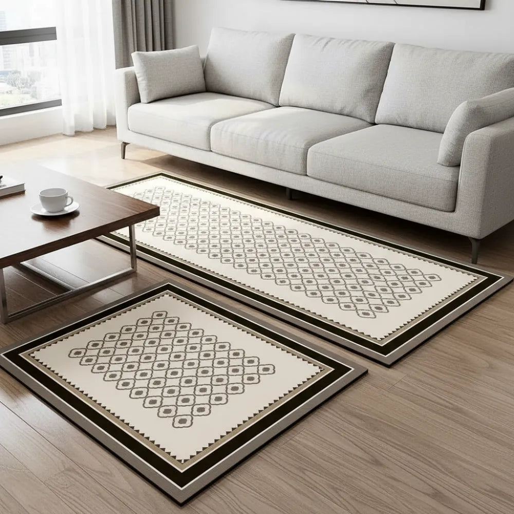 2-Piece Black & White Geometric Kitchen Mat Set | Non-Slip Anti-Fatigue Washable Runner Rugs with Elegant Tile Pattern for Kitchen & Hallway