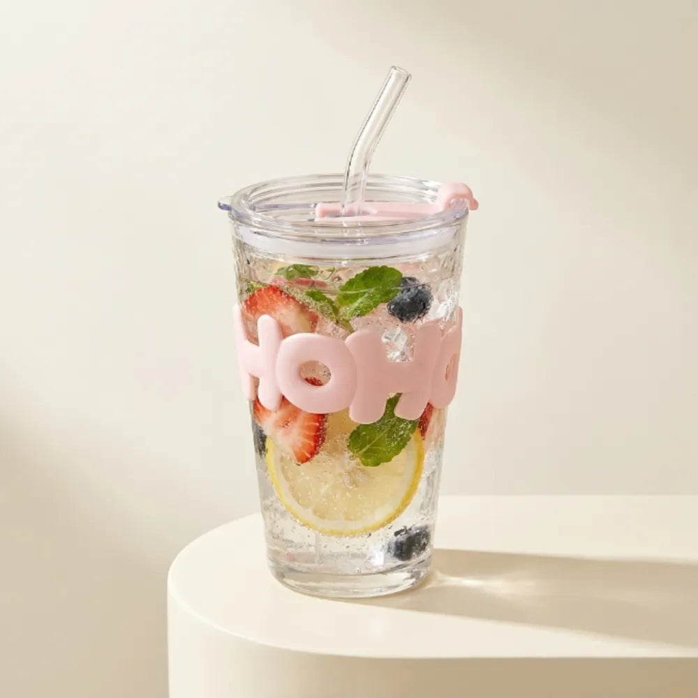 450ml HOHO Glass Cup with Lid & Straw | Glass Water Bottle with Silicone Sleeve | Iced Coffee & Cold Drinks Tumbler