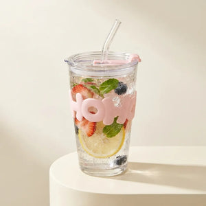 450ml HOHO Glass Cup with Lid & Straw | Glass Water Bottle with Silicone Sleeve | Iced Coffee & Cold Drinks Tumbler