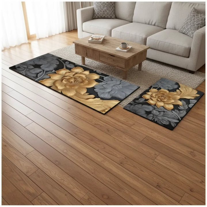2-Piece 3D Black & Gold Floral Kitchen Mat Set – Luxury Non-Slip Anti-Fatigue Washable Runner Rugs for Kitchen & Hallway