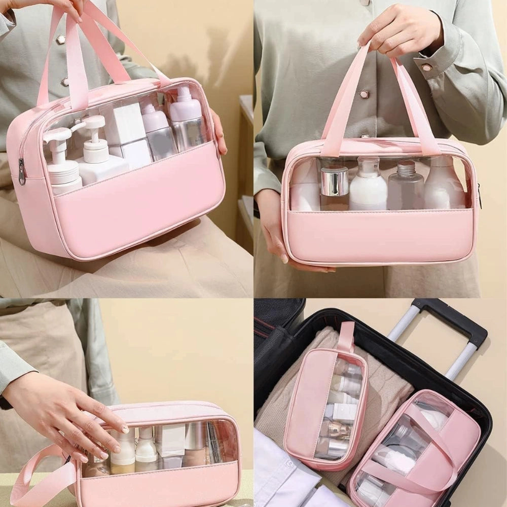Transparent Makeup & Toiletry Organizer Bag Set | Waterproof Travel Cosmetic Storage Pouches with Handle (Pink)