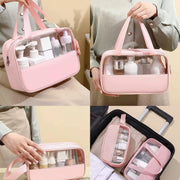 Transparent Makeup & Toiletry Organizer Bag Set | Waterproof Travel Cosmetic Storage Pouches with Handle (Pink)