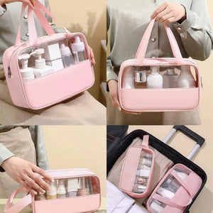 Transparent Makeup & Toiletry Organizer Bag Set | Waterproof Travel Cosmetic Storage Pouches with Handle (Pink)