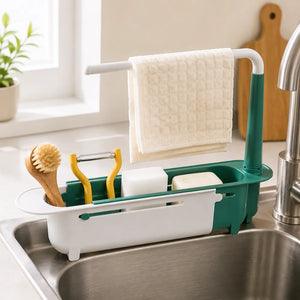 Adjustable Sink Rack Holder & Drain Basket | Extendable Sponge, Soap & Towel Organizer | Kitchen Sink Storage Basket