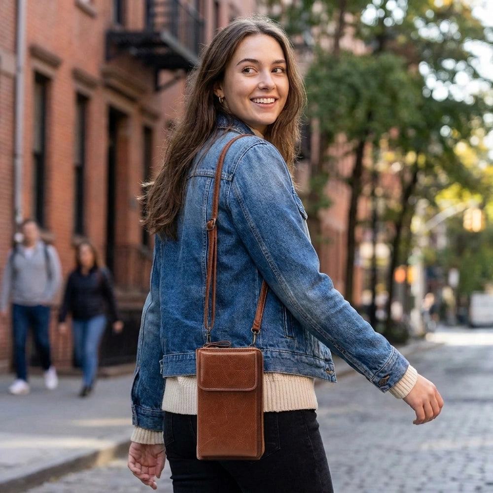 PU Leather Mobile Sling Bag for Women Crossbody Phone Wallet Purse Brown