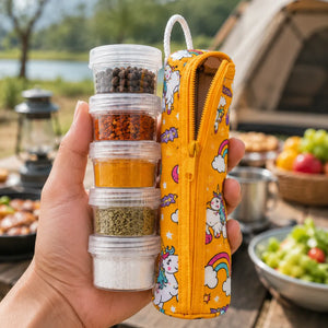 5PCS Portable Spice Jar Set | 5-in-1 Stackable Seasoning Bottles with Holder | Travel, Picnic, Camping & Kitchen Spice Organizer