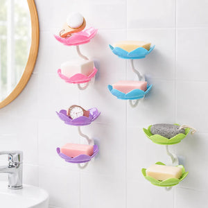Wall Mounted Double Layer Lotus Flower Soap Holder | Self-Adhesive Drain Soap Box & Sponge Organizer for Bathroom & Kitchen