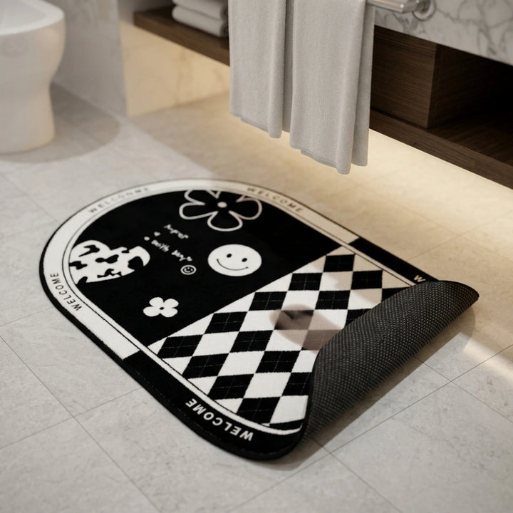 Black & White Anti-Slip Bathroom Mat | Modern Oval Bath Rug | Soft Absorbent Quick Dry Floor Carpet