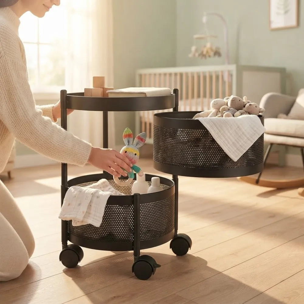 2-Layer Round Multipurpose Storage Trolley with Wheels | Rotating Organizer for Home & Office
