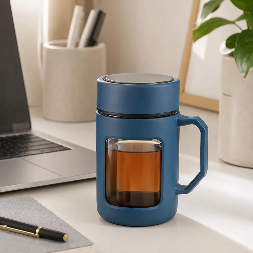 500ml Double Wall Borosilicate Glass Tea Mug with Lid & Handle | Heat-Resistant Coffee Cup | Portable Travel Tumbler for Home & Office
