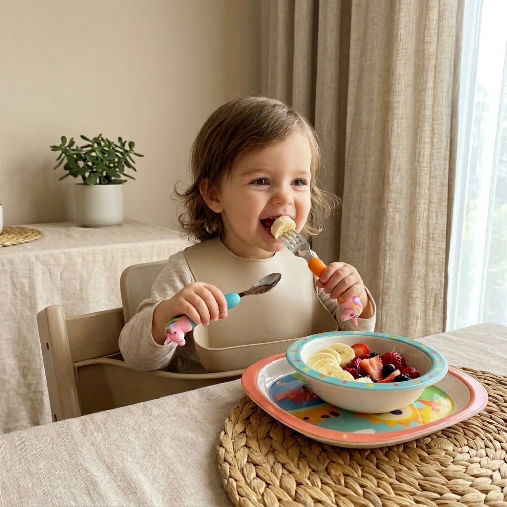 Unicorn Baby Feeding Spoon & Fork Set | Silicone Handle Stainless Steel Cutlery for Babies, Toddlers & Kids | BPA-Free Self Feeding Tableware