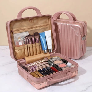 Portable Hard Shell Cosmetic Travel Case | Mini ABS Makeup Storage Suitcase with Elastic Band | Compact Hand Luggage Organizer