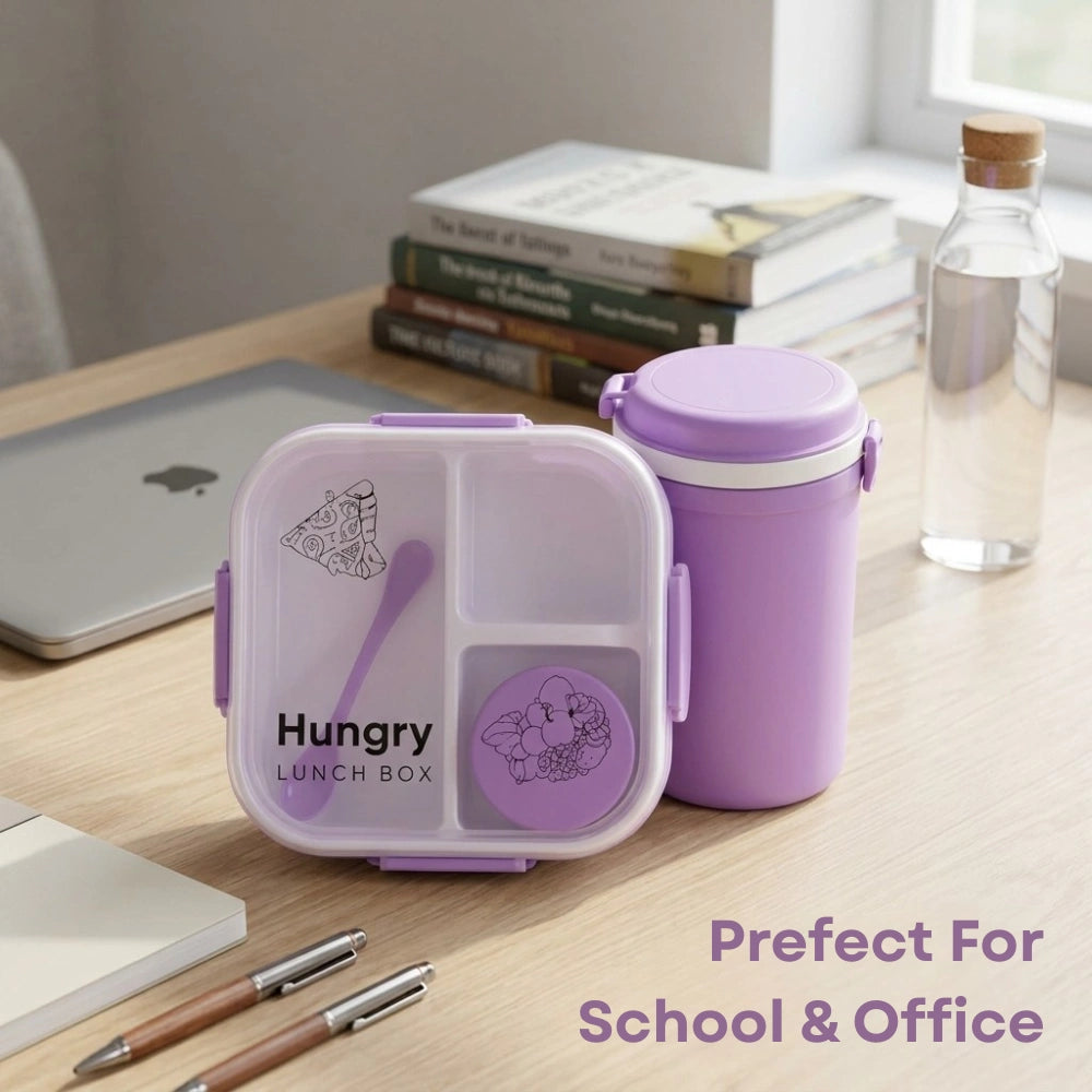 Lunch Box Set with Water Bottle & Spoon | 3 Compartment Leak-Resistant Lunch Box for Kids & Adults | BPA-Free Portable Tiffin Box