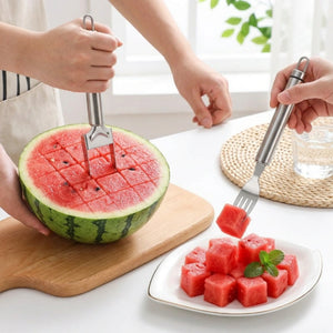 2-in-1 Stainless Steel Watermelon Cutter & Slicer | Fruit Cutting Tool for Watermelon, Melon & Cantaloupe | Easy Cube Slicer