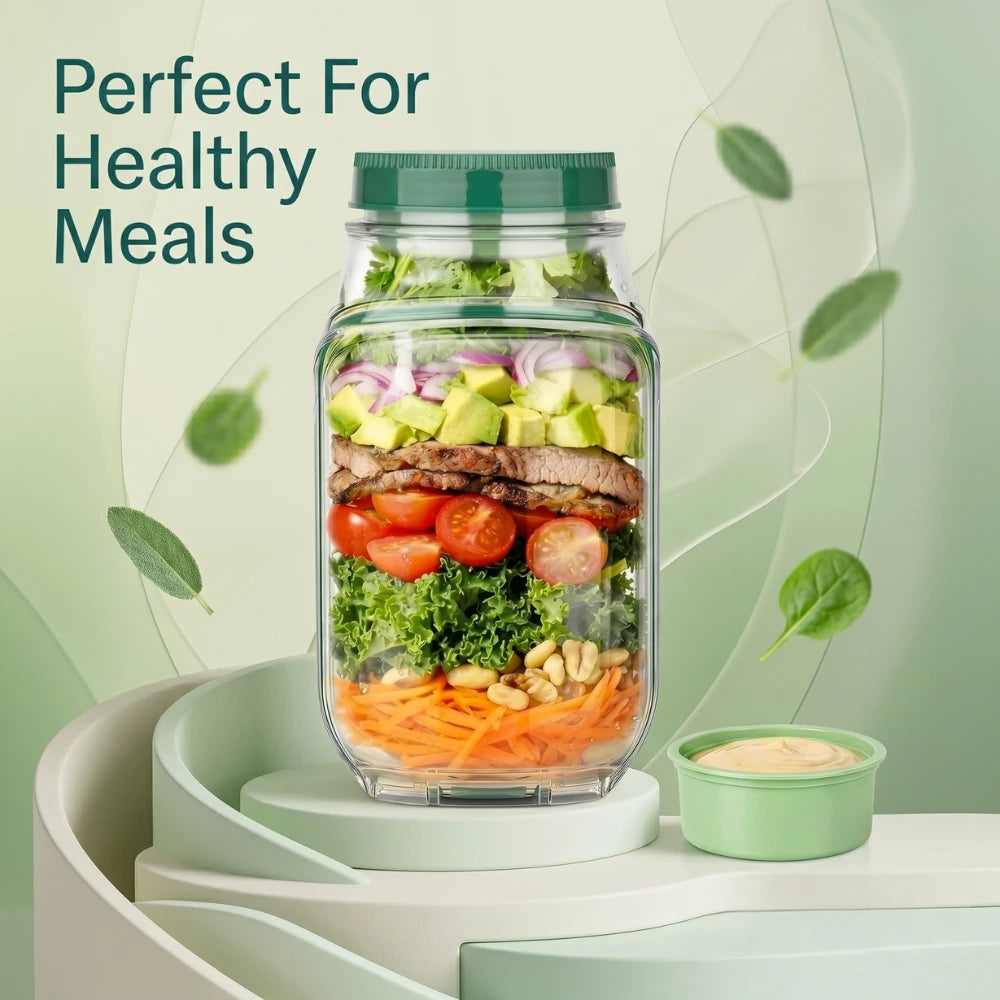 Leakproof Salad Jar with Side Opening Lid | BPA-Free Portable Salad Container with Dressing Cup