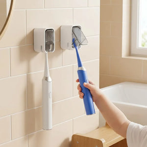 Wall Mounted Toothbrush Holder with Dustproof Cover | Self-Adhesive Bathroom Toothbrush Organizer with Clear Window & Quick-Dry Design