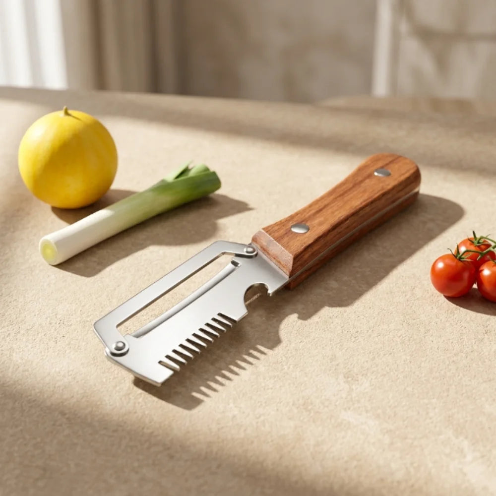 3 in 1 Stainless Steel Vegetable Peeler with Wooden Handle | Julienne Cutter, Bottle Opener & Scallion Shredder | Multi-Purpose Fruit & Veggie Peeler