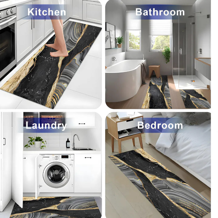 2-Piece Luxury Black & Gold Marble Kitchen Mat Set – Non-Slip Anti-Fatigue Washable Runner Rugs for Kitchen & Hallway