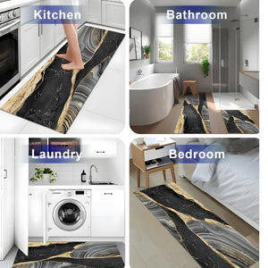2-Piece Luxury Black & Gold Marble Kitchen Mat Set – Non-Slip Anti-Fatigue Washable Runner Rugs for Kitchen & Hallway