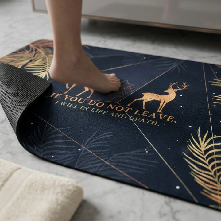 Mystic Deer Quote Bath Mat | Non Slip Bathroom Rug with Gold Leaf Boho Spa Decor