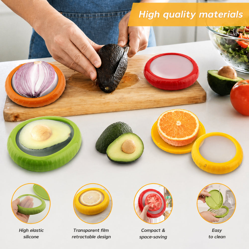 Silicone Fruit & Vegetable Fresh Cover Set (4 PCS) | Anti-Oxidation Food Storage Lids for Fridge