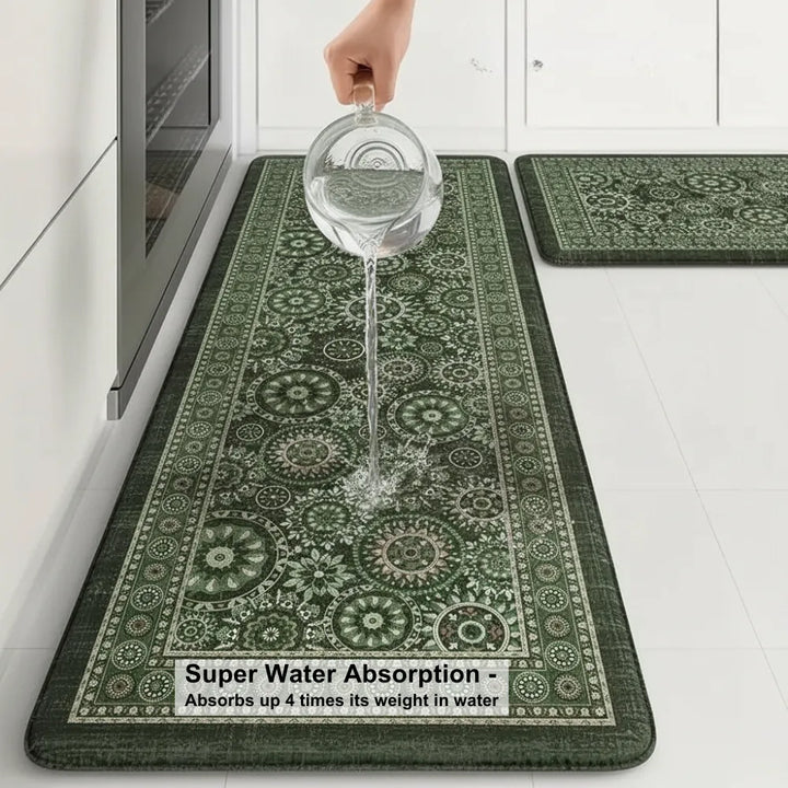 2-Piece Emerald Green Mandala Kitchen Mat Set | Vintage Floral Medallion Non-Slip Anti-Fatigue Washable Runner Rugs for Kitchen & Hallway