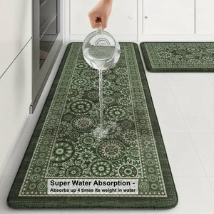 2-Piece Emerald Green Mandala Kitchen Mat Set | Vintage Floral Medallion Non-Slip Anti-Fatigue Washable Runner Rugs for Kitchen & Hallway