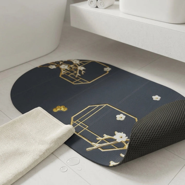 Charcoal Oval Bath Mat with Gold Geometric & White Blossom | Soft Quick Dry Anti-Slip Absorbent Floor Rug for Bathroom Entrance & Bedroom