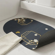 Charcoal Oval Bath Mat with Gold Geometric & White Blossom | Soft Quick Dry Anti-Slip Absorbent Floor Rug for Bathroom Entrance & Bedroom