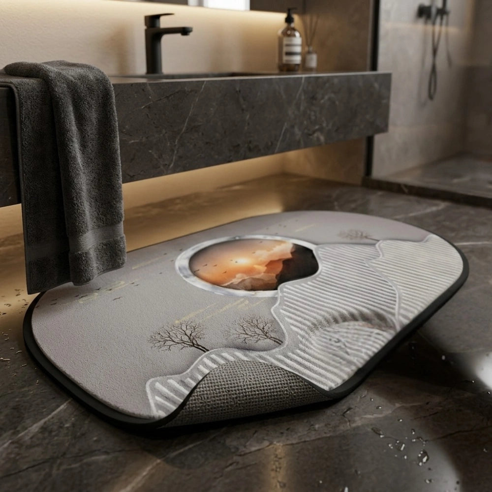 Abstract Sunset Mountain Oval Bath Mat | Soft Quick Dry Anti-Slip Absorbent Floor Rug for Bathroom Entrance & Bedroom