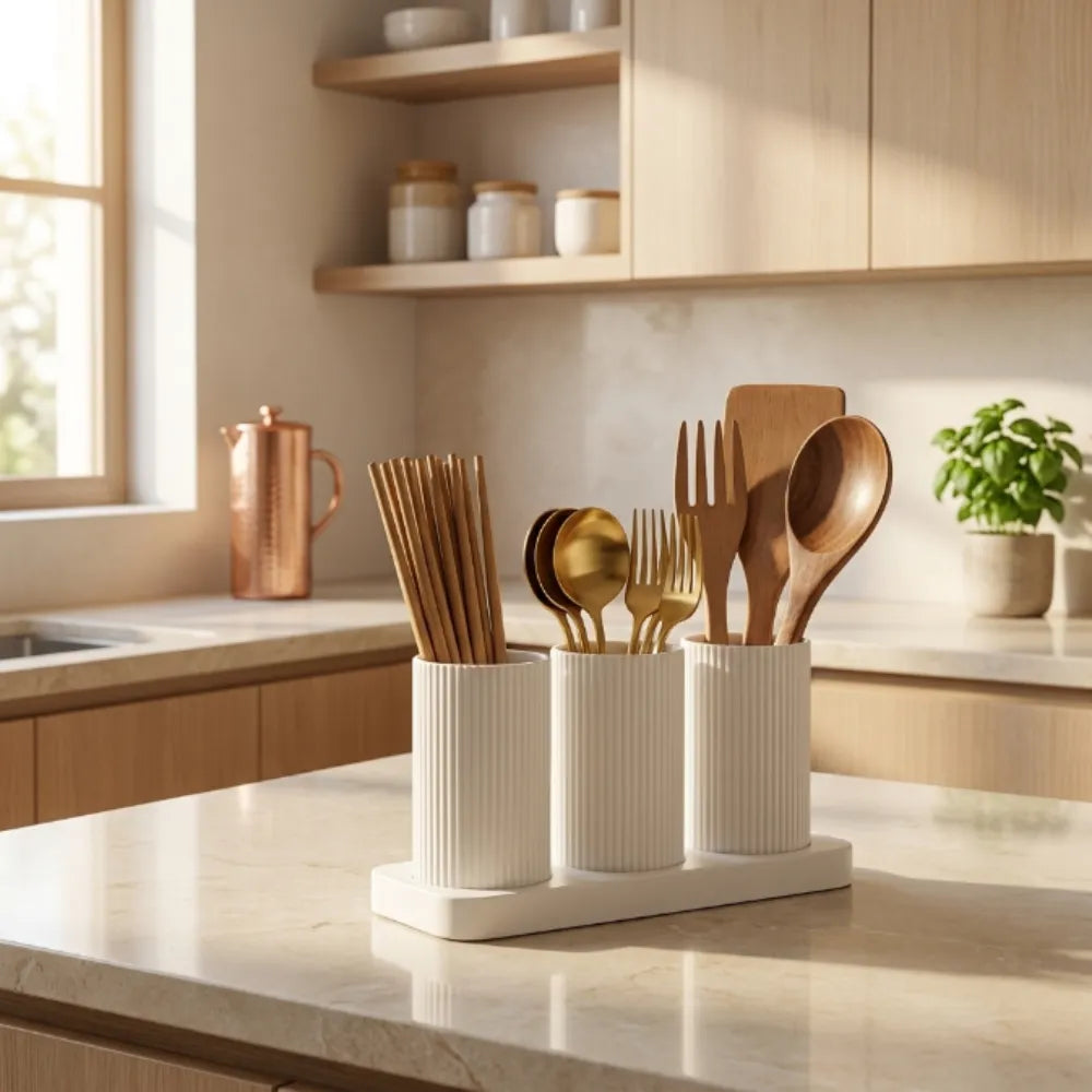 3-Grid ABS Self-Draining Cutlery Holder Stand | Spoon, Fork, Knife & Chopstick Organizer | Kitchen Tableware Storage Box