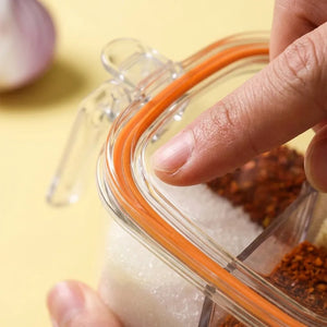 4-Compartment Clear Seasoning Box with Lid & 4 Serving Spoons | Spice & Condiment Storage Container for Kitchen