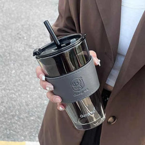 Glass Coffee Sipper Mug with Leather Grip | Reusable Clear Tumbler with Lid & Straw | Iced Coffee, Tea, Smoothie & Juice Cup