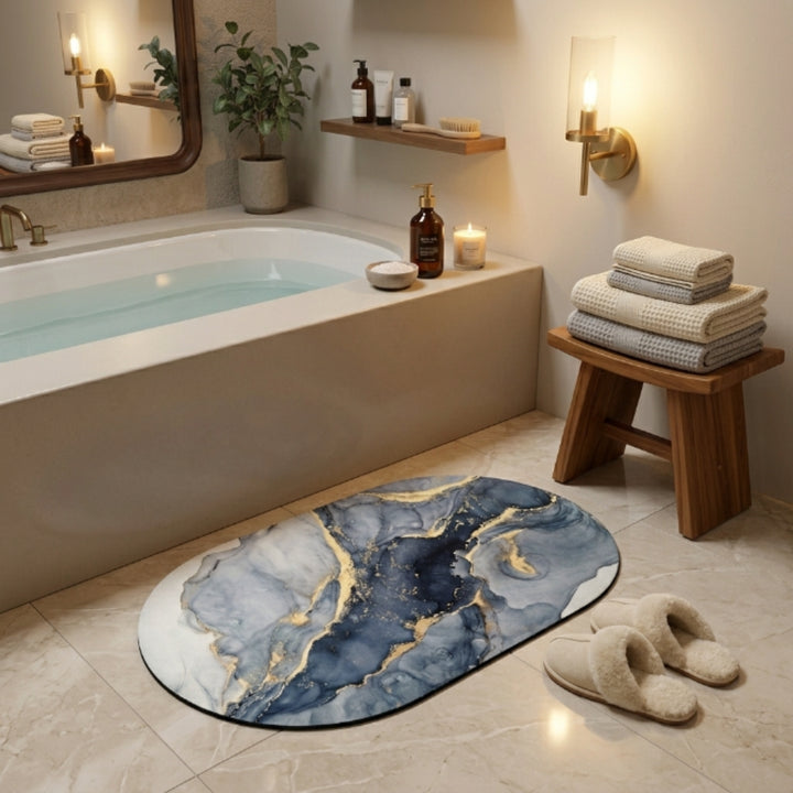 Luxury Marble Oval Anti-Slip Bath Mat | Soft Absorbent Quick Dry Bathroom Floor Rug Modern Watercolor Stone Pattern Carpet