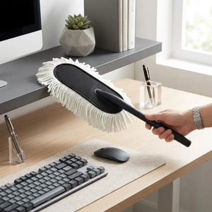 Super-Soft Microfiber Car Duster Brush with Detachable Handle| Strong Absorption, Scratch-Free Cleaning Tool for Wet & Dry Dusting/Polishing/Washing for Bike, Car, Truck, Office, Kitchen-White