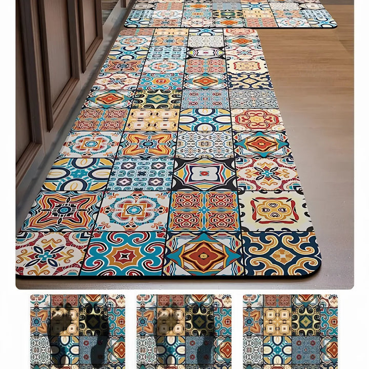 2-Piece Colorful Moroccan Mosaic Kitchen Mat Set | Boho Tile Patchwork Non-Slip Anti-Fatigue Washable Runner Rugs for Kitchen & Hallway