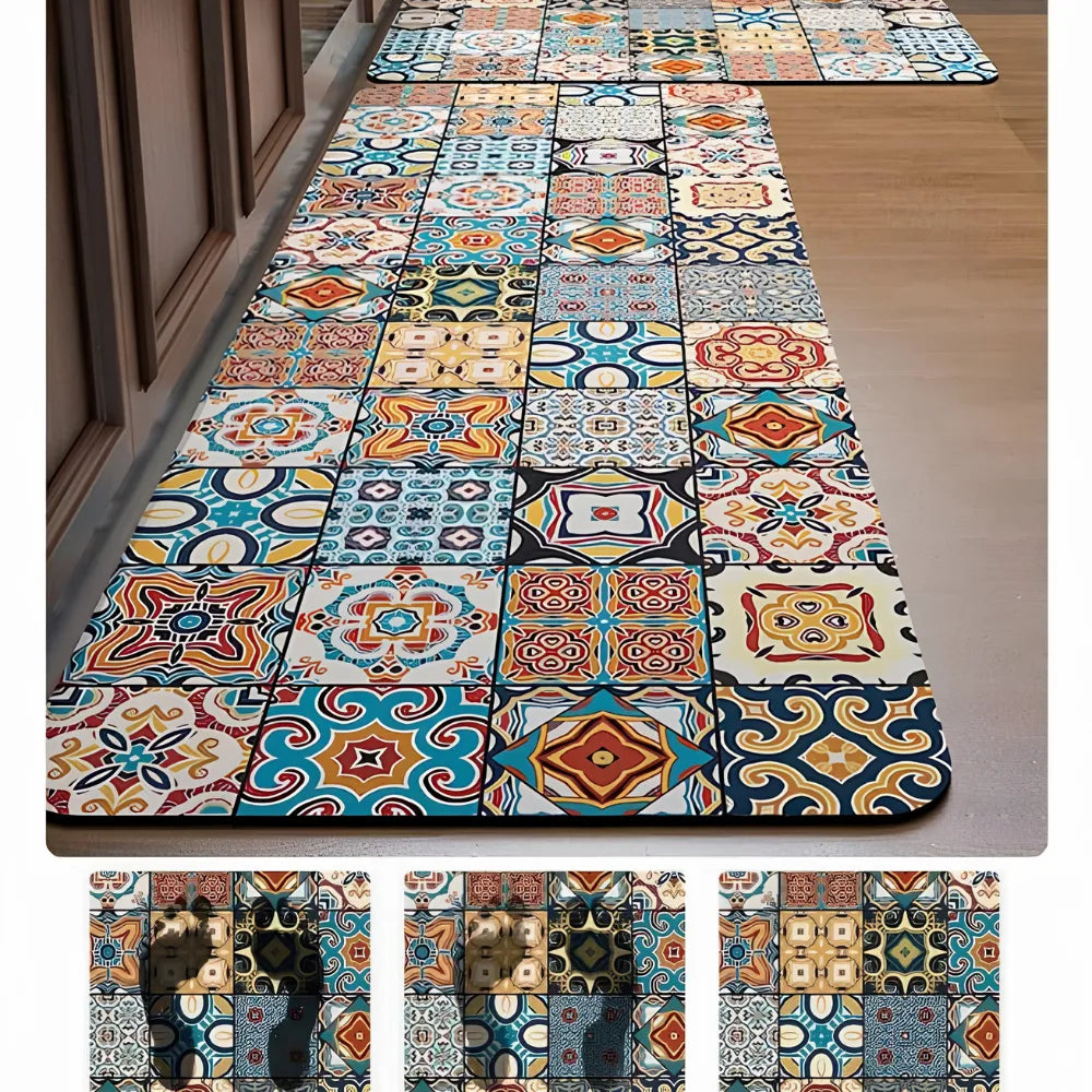 2-Piece Colorful Moroccan Mosaic Kitchen Mat Set | Boho Tile Patchwork Non-Slip Anti-Fatigue Washable Runner Rugs for Kitchen & Hallway