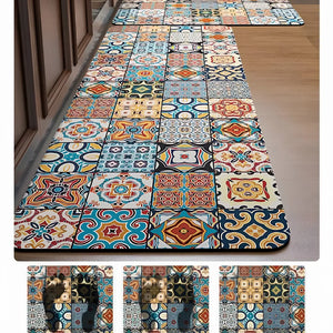 2-Piece Colorful Moroccan Mosaic Kitchen Mat Set | Boho Tile Patchwork Non-Slip Anti-Fatigue Washable Runner Rugs for Kitchen & Hallway