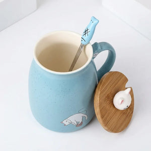 400ml Cute Cat Ceramic Coffee Mug with Wooden Lid & Stainless Steel Spoon | Kawaii Kitty Tea Cup for Home & Office