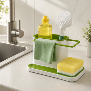 3-in-1 Kitchen Sink Organizer | Wall Mounted Dishwashing Caddy with Soap, Sponge & Cloth Holder | Plastic Sink Storage Stand