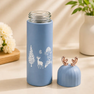 350ml Cute Deer Glass Water Bottle | Leakproof Insulated Flask with Antler Lid | BPA-Free Reusable Sipper for Kids, Girls & Travel (1Pcs)