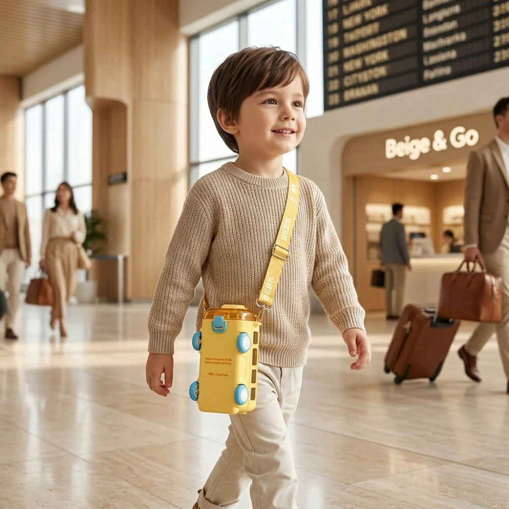 Kids Bus Shape Water Bottle with Straw & Strap | Leakproof Cartoon Sipper Bottle | Travel Water Bottle With Strap