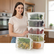 Fridge Storage Containers (Set of 6) with Draining Basket 1800ml | Stackable Airtight Food Organizer Boxes
