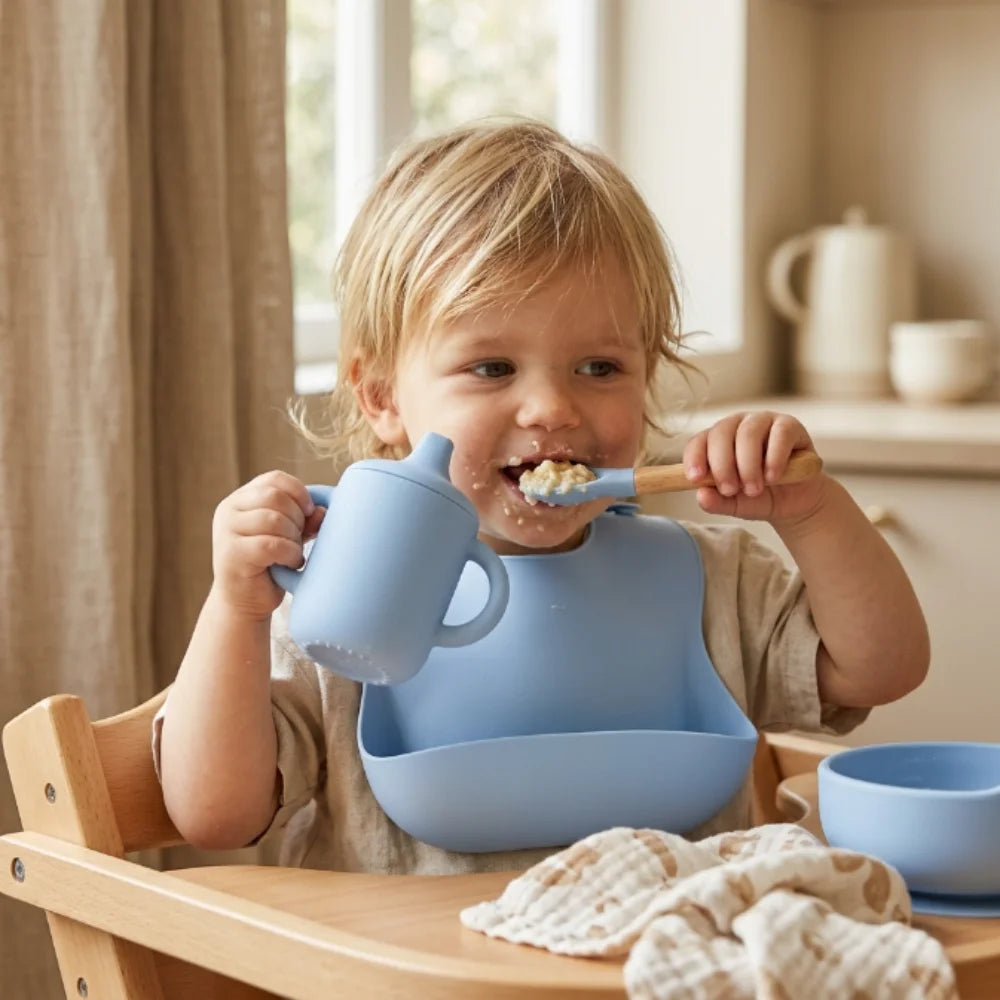 Cat Shaped Silicone Baby Feeding Set | 6 Piece BPA-Free Baby-Led Weaning Kit with Bib, Suction Bowl, Plate, Cup, Spoon & Fork
