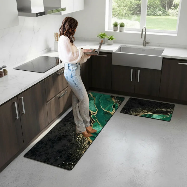 2-Piece Emerald Gold Marble Kitchen Mat Set | Luxury Non-Slip Washable Anti-Fatigue Runner Rugs for Kitchen, Hall & Bedroom
