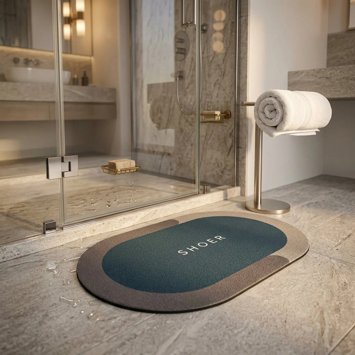 Modern Oval Anti-Slip Bathroom Floor Mat | Soft Absorbent Waterproof Door Rug for Bathroom, Bedroom & Entryway | Minimal Blue Home Decor Mat