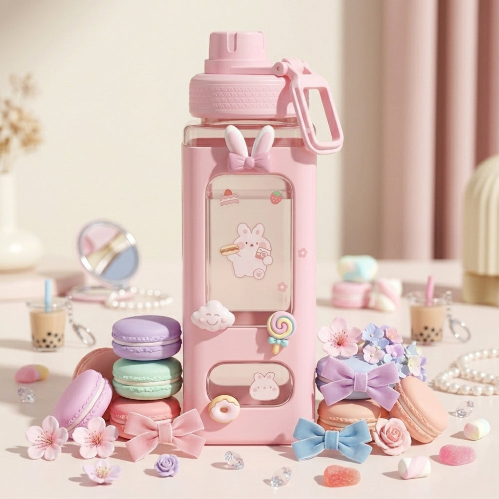 Kawaii Cute Plastic Water Bottle with Straw & Stickers | Leakproof Large Capacity Square Drinking Bottle