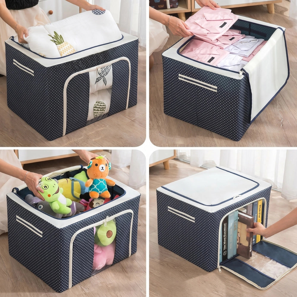 66 LTR Foldable Steel Frame Clothes Storage Bag with Clear Window & Zipper | Large Wardrobe Organizer