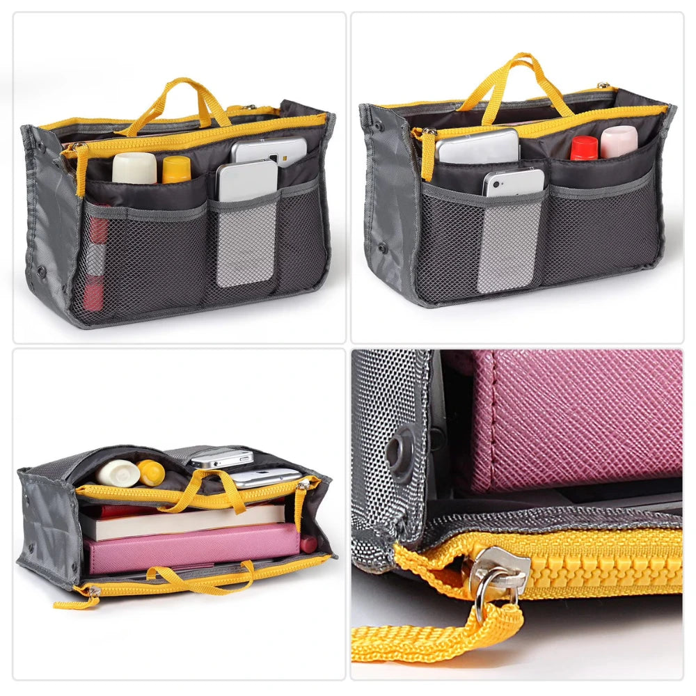 Multi-Pocket Handbag Organizer Insert with Double Zipper | Portable Makeup, Phone & Travel Storage Pouch for Women & Men