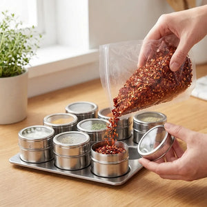 9PCS Stainless Steel Magnetic Spice Jar Set with Rack | Masala Storage Containers for Salt, Pepper & Seasonings